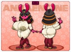 5_fingers absurd_res anna_(annaengine) annaengine antennae_(anatomy) anthro areola armor arthropod ass bell bell_collar belly big_areola big_breasts big_butt black_eyes blattodean border breasts brown_areola brown_nipples claws clitoris collar cybernetic_leg cybernetic_limb cybernetic_neck cybernetics cyborg digital_drawing_(artwork) digital_media_(artwork) english_text eyelashes fangs female finger_claws fingers floral_background floral_pattern front_view genitals gesture grey_body hand_gesture headgear helmet hi_res huge_breasts humanoid_genitalia humanoid_vulva insects looking_at_viewer machine markings model_sheet multicolored_body multiple_pupils navel nipples nude open_mouth pink_body plump_labia rear_view red_body simple_background slightly_chubby slightly_chubby_female smile solo spots spotted_arms spotted_belly spotted_body spotted_breasts spotted_butt spotted_legs spotted_markings standing tan_body teeth termite text thick_thighs tongue two_tone_body v_sign vulva walking white_border wide_hips