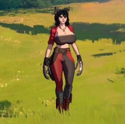 3d bewitching_thighs big_breasts black_hair cleavage full_body red_hood_(swords_and_slippers) swords_and_slippers