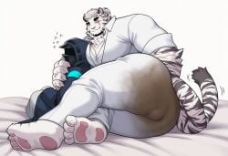 2boys ai_generated animal_ears arknights ass ass_focus bara crapping_self doctor_(arknights) formal_clothes from_behind full_body furry furry_male happy hug hug_from_behind hyperscat large_hands large_pectorals lying lying_on_side male_focus mountain_(arknights) mountain_(book_reader)_(arknights) muscular muscular_male naughty_smile official_alternate_costume on_bed pants pectoral_cleavage pectorals pooping_self scar scar_across_eye scar_on_arm scar_on_face scat shirt shit shitting shitting_self short_hair sleeves_rolled_up smile soiling_pants solo suit tail tail_wagging thick_eyebrows thick_thighs tiger_boy tiger_ears tiger_stripes tiger_tail white_fur white_hair white_pants white_shirt white_suit yaoi