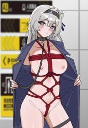 1girl bondage bound coat collar crotch_rope exhibitionism female female_focus female_only firefly_(honkai:_star_rail) happy happy_female happy_sub honkai:_star_rail honkai_(series) leash leash_and_collar leashed_collar public public_nudity solo solo_female solo_focus