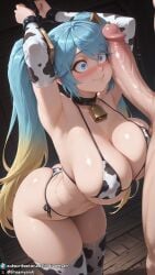 1girls ai_generated armpits arms_up bare_shoulders bare_thighs big_breasts bikini bikini_bottom bikini_top blonde_hair blue_eyes blush bondage breasts chains closed_mouth cow_print cow_print_armwear cow_print_bikini cow_print_thighhighs curvy curvy_body curvy_female dreamyan_ai embarrassed flustered hi_res high_quality high_resolution highres huge_breasts imminent_sex large_breasts league_of_legends long_hair penis_on_face sona_buvelle surprised thick_ass thick_thighs thighs tied_up twintails uncensored very_long_hair wavy_mouth yellow_hair