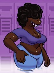 afro alternate_skin_color alternate_species anthro artist_request at big bottomwear breasts chubby cleavage clothed clothing dark-skinned_female dark_skin deltarune denim ebonization edit eyes faceofjace female hair hi hips jeans looking metaabsurd navel niggification non-mammal over overweight pants race_swap reptile res scalie slightly smile solo species_swap specieslizard susie_(deltarune) thick thighs undertale_(series) viewer wide