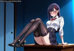 ai_generated anime arm_support artmochiia ass bangs big_breasts black_footwear black_hair black_skirt black_thighhighs blunt_bangs blush bow bowtie bra breasts breasts_out button_gap chained_soldier cleavage collared_shirt curvaceous curvaceous_female curvaceous_figure curvy curvy_figure desk fanart female female_focus hair_ornament high-waist_skirt high_heels indoors large_breasts long_hair mato_seihei_no_slave no_panties on_desk pleated_skirt purple_eyes purple_hair pussy red_bow red_bowtie ren_yamashiro school_uniform shirt sitting skirt sleeves_rolled_up solo thighhighs underwear voluptuous voluptuous_female white_shirt yamashiro_ren