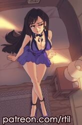 arm_support bare_legs bed black_hair breasts brown_hair crescent crescent_earrings crossed_legs cum cum_on_body cum_on_breasts dress earrings facial female final_fantasy final_fantasy_vii final_fantasy_vii_remake from_above highres jewelry lamp large_breasts looking_up official_alternate_costume on_bed pillow purple_dress rtil short_dress smile solo tifa_lockhart tifa_lockhart_(refined_dress) variant_set