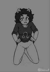 1girl 1girls 2020 :3 alien alien_girl alien_humanoid artist_name black_hair bottomless bottomless_female cat_eyes cat_girl catgirl fangs fangs_out female female_only grey_background grey_body grey_skin hair homestuck homestuck_troll horns kneeling kneeling_female lifting_shirt monochrome monochrome_background ms_paint_adventures nepeta_leijon nervous nervous_face nervous_female nervous_smile nipple_bulge presenting presenting_pussy pussy shirt shirt_lift shirt_up short_hair simple_background solo solo_female swuswi topwear topwear_only