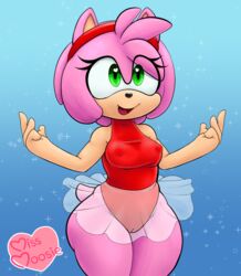 amy_rose anthro ballerina bare_shoulders breasts cameltoe clothing cute female fur furry glitter green_eyes hairband heart heart-shaped_pupils hedgehog leotard mammal miss_moosie nipple_bulge open_mouth open_smile pink_fur pink_hair short_hair smile sonic_(series) soubriquetrouge symbol-shaped_pupils thick_thighs tutu wide_hips