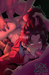 1girls 2boys ass blush breasts clothing cum cum_in_mouth erection fellatio female hair_grab hair_pull human large_breasts light-skinned_female light_skin long_hair male misato_katsuragi neon_genesis_evangelion oral panties penis ponytail_hold purple_hair rolling_eyes sexgazer spitroast straight threesome uncensored