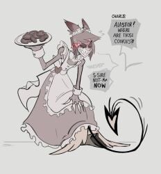 2boys 2male alastor_(hazbin_hotel) almost_caught craxkers flustered handjob hazbin_hotel lucifer_morningstar_(hazbin_hotel) maid_cafe maid_uniform muffled semi-public sucking tail under_skirt waiter whispering yaoi