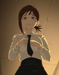 1girls 2d 2d_animation animated areolae boob_drop breasts chainsaw_man cleavage clothed clothing double_v female female_only flashing flashing_breasts gesture gif hair hair_ornament higashiyama_kobeni huge_breasts human light-skinned_female light_skin looking_at_viewer mole mole_under_eye mole_under_mouth nervous nervous_expression nervous_female nervous_grin nervous_smile open_clothes open_mouth open_shirt peace_sign presenting presenting_breasts showing_breasts shy shy_smile solo solo_female tagme tie twistedgrim v_sign video
