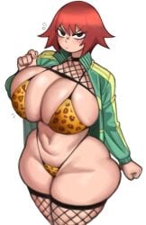 ai_generated animal_print bikini black_eyes blush breasts cleavage clenched_hand clenched_hands closed_mouth cropped_legs curvy female fishnet_thighhighs fishnets freckles green_jacket huge_breasts jacket kim_pine leopard_print long_sleeves looking_at_viewer meitabuu navel open_clothes open_jacket print_bikini red_hair scott_pilgrim short_hair simple_background skindentation solo swimsuit thick_thighs thighhighs thighs track_jacket v-shaped_eyebrows white_background wide_hips