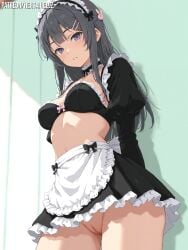 ai_generated bangs dark_grey_hair female frilled_collar hair_ornament hairclip hentaihell lace-trimmed_apron leaning_against_wall long_hair low_angle maid_headband medium_breast naked_pussy nsfw parted_lips puffed_sleeves purple_eyes rabbit_hair_ornament ribbon_bow sakurajima_mai solo timid waist_apron young_adult