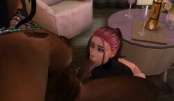 1boy 3d animated blowjob dark-skinned_male dark_skin eye_contact female gif interracial the_sims the_sims_4