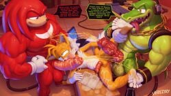 5_toes anal anthro balls bodily_fluids cum cum_in_ass cum_inside dialogue feet fellatio foot_fetish foot_lick foot_play genital_fluids genitals group hi_res knuckles_the_echidna leaking_cum licking male male/male muscular muscular_male oral peeing penile penis sega sex sonic_the_hedgehog_(series) speech_bubble spitroast stomach_bulge sweat tails toes tongue trio two_tone_feet urine vector_the_crocodile voidlesky watersports
