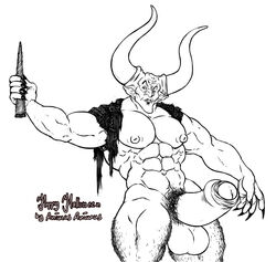 abs animasanimus artist_signature balls biceps big_muscles claws darkness_(legend) demon erect_nipples erection hairy_legs holding_object horn horns hyper_balls large_penis leg_hair legend male male_only monochrome muscular partially_retracted_foreskin pecs penis pointed_ears presenting_penis pubes solo white_background