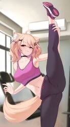 ahoge animal_ears ass bare_shoulders black_choker blonde_hair blurry blurry_background blurry_foreground breasts choker cleavage collarbone depth_of_field female gym hair_ornament hairclip indie_virtual_youtuber indoors large_breasts leg_lift leg_up leggings looking_at_viewer midriff navel shoes smile sneakers solo split sports_bra squchan_(vtuber) standing standing_on_one_leg standing_split stretch tail virtual_youtuber vtuber vyugen