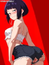 1girls ai_generated arched_back audio_jack blunt_bangs dark_purple_eyes dynamic_angle embarrassed female female_only hentaihell jirou_kyouka kyoka_jiro long_earlobes medium_breast my_hero_academia naked_pussy nsfw short_hair side_view smirk solo spread_pussy young_adult
