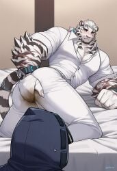 2boys ai_generated all_fours animal_ears anus arknights ass ass_focus bara bed_sheet crapping_self doctor_(arknights) formal_clothes from_behind full_body furry furry_male large_hands large_pectorals male_focus mountain_(arknights) mountain_(book_reader)_(arknights) muscular muscular_male official_alternate_costume on_bed pants pectoral_cleavage pectorals pooping_self scar scar_across_eye scar_on_arm scar_on_face scat shirt shit shitting shitting_self short_hair sleeves_rolled_up soiling_pants solo suit tail tail_around_own_wrist thick_eyebrows thick_thighs tiger_boy tiger_ears tiger_stripes tiger_tail white_fur white_hair white_pants white_shirt white_suit