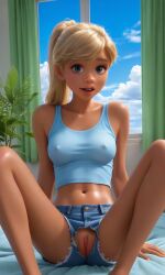 1girls aged_up ai_assisted ai_generated arm_support bare_arms bare_legs bare_midriff bare_shoulders bare_thighs barefoot bed bedroom blonde_hair blue_eyes blue_shorts blue_sky breasts clitoris cloud collarbone covered_nipples crop_top curtains cutoffs dark-skinned_female dark_skin day denim denim_shorts disney disney_channel eyebrows eyelashes eyeliner eyeshadow female hi_res indoors inside_out inside_out_2 knees_up lips lipstick long_eyelashes looking_at_viewer m_legs makeup mascara medium_breasts midriff navel no_panties on_bed open_mouth parted_lips petite petite_body petite_female plant ponytail pussy realistic red_lips riley_andersen shirt short_shorts shorts sitting sitting_on_bed sky solo spread_legs tank_top torn_clothes torn_shorts waifufamily window young younger_female