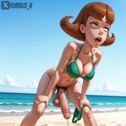 1futa ai_generated balls beach bikini brown_hair erect_penis erection flordulce futa_only futanari green_eyes hands_on_knees jimmy_neutron_boy_genius judy_neutron leaning_forward open_mouth outdoors panties_around_one_leg peeing penis pubic_hair rolling_eyes solo_futa standing testicles