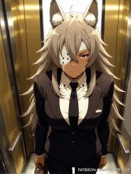 ai_generated animal_ear animal_ear_fluff animal_print body cat_ears dark-skinned_female dark_skin day elegant elevator eye_patch fashion female female_only ghislaine_dedoldia grey_hair jacket job long_hair mushoku_tensei mushoku_tensei:_isekai_ittara_honki_dasu office pirate_cat sales_manager scar sexy shirt solo style stylish suit tie upper