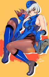 ashiomi_masato bare_shoulders black_legwear blue_dress blue_footwear blue_gloves book boots breasts crotch_seam dress elizabeth_(persona) female gloves hat knee_boots large_breasts pantyhose persona persona_3 sideboob silver_hair skirt skirt_lift solo thick_thighs yellow_eyes