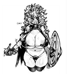 1girls 2023 areolae belly big_breasts bikini blush breasts breasts_bigger_than_head child_bearing_hips curvy curvy_figure dekosukentr digital_media_(artwork) elysia_wool_pool exposed_midriff glossy japanese_text mamayuyu midriff monochrome open_mouth shield shiny_breasts shiny_skin shonen_jump shueisha skimpy solo solo_female sweat sweatdrop sweating sword tagme thick_thighs thighhighs thighs translation_request twitter_link useless_clothing voluptuous voluptuous_female weapon weekly_shonen_jump white_background wide_hips