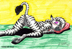 2002 anthro anus ass ass_up blush breast_rest breasts dipstick_ears ek_goya equine female half-closed_eyes hooves looking_at_viewer looking_back lying mammal nude on_front presenting presenting_hindquarters pussy raised_tail simple_background solo stripes tail_tuft tuft underhoof zebra