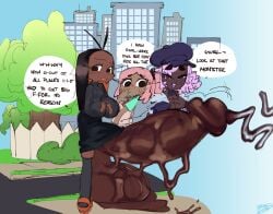 0gupy0 1futa 2girls balls black_hair cityscape clothed clothing dark-skinned_futa dark_skin dialogue erection female futanari human hyper hyper_balls hyper_penis mostly_clothed original_character original_characters penis pink_hair public standing text tree