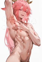 1boy ai_generated aidontknow androgynous arm_behind_head breath femboy feminine_male flat_chest genderswap_(ftm) genshin_impact hair_between_eyes hair_ornament jewelry long_hair looking_at_viewer mature mature_male muscular nipples nude open_mouth otoko_no_ko pink_hair rule_63 seductive_smile sexy simple_background spread_armpit standing sweat toned trap upper_body white_background yae_miko yaoi