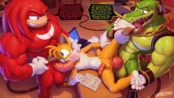 5_toes anal anthro balls bodily_fluids dialogue feet fellatio foot_fetish foot_lick foot_play genitals group hi_res knuckles_the_echidna licking male male/male muscular muscular_male oral penile penis sega sex sonic_the_hedgehog_(series) speech_bubble spitroast stomach_bulge sweat tails toes tongue trio two_tone_feet vector_the_crocodile voidlesky