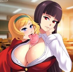 1boy 2girls breasts cleavage erection fellatio female huge_breasts huge_cock itsuki_sumeragi jabami_yumeko kakegurui looking_at_viewer male oral paizuri paizuri_under_clothes penis sowilo straight