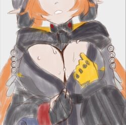 big_breasts breasts breasts_out brock903 cleavage elf_ears horns orange_hair orphie_magnusson self_upload sketch sweat sweatdrop sweating teasing unzipping zenless_zone_zero