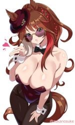 blowing_kiss bowtie braid braided_hair brown_hair bunnysuit cleavage cleavage_overflow collar forever_young_(umamusume) glossy_body green_eyes hat heart horse_ears horse_girl horse_tail large_breasts looking_over_eyewear looking_over_sunglasses pantyhose plain_background red_hair sunglasses tinted_eyewear twitter_username umamusume umamusume_pretty_derby watermark white_background zukanosuke