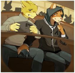 absurd_res anthro bite biting_lip book bottomwear bulge bulge_grab canid canine clothed clothed_male clothing denim denim_bottomwear denim_clothing duo erection felid fully_clothed fully_clothed_male fur genitals hi_res hoodie jeans leborkss lecture_hall male male/male mammal open_book orange_body orange_fur pantherine pants penis penis_grab precum_through_pants shush striped_body striped_fur stripes sweater tiger topwear x-ray_view yellow_body yellow_fur