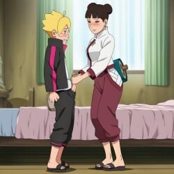 1boy 1boy1girl adult_and_teenager age_difference ai_generated ass assertive_female big_ass boner boruto:_naruto_next_generations breasts brown_hair double_bun duo_focus erect_penis erection full_body male/female mature_female medium_breasts milf older_female_and_younger_male penis penis_awe tenten undressing undressing_another uzumaki_boruto yellow_hair
