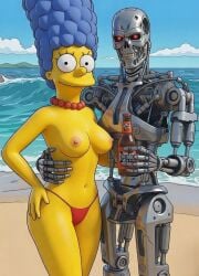 ai_generated beach beer bikini_bottom blue_hair breasts crossover marge_simpson nipples t-800 tagme terminator the_simpsons thong_bikini topless