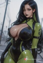 ai_generated bad_girl black_hair black_lipstick bodysuit boobs_out breasts breasts_squeeze cameltoe choker cleavage_cutout earrings firm_breasts fishnets goth_girl hourglass_figure huge_breasts kim_possible large_breasts latex latex_clothing leotard naked puffy_nipples round_breasts shego squeezing_breasts tight_clothing wide_hips zipper_down