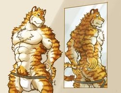 1boy 2017 abs absurd_res anthro biceps clothing digital_media_(artwork) feline fur hi_res jockstrap kemono male male_only mammal mirror muscular muscular_male pecs simple_background solo tiger tupidwithouts underwear white_underwear