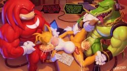 5_toes anal anthro balls bodily_fluids cum cum_in_ass cum_in_mouth cum_inside dialogue feet fellatio foot_fetish foot_lick foot_play genital_fluids genitals group hi_res inflation knuckles_the_echidna licking male male/male muscular muscular_male oral penile penis sega sex smegma sonic_the_hedgehog_(series) speech_bubble spitroast stomach_bulge sweat tails toes tongue trio two_tone_feet vector_the_crocodile voidlesky