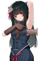 1boy 1girls alternate_version_at_source alternate_version_available arm_up armpits black_hair blush boobjob breasts censored closed_mouth clothing dress elbow_gloves feet_out_of_frame female girls'_frontline girls'_frontline_2:_exilium gloves hair_ornament long_hair looking_at_viewer male medium_breasts mosaic_censoring paizuri paizuri_under_clothes penis pharetra_third red_eyes sakura_(girls'_frontline_2) sideboob_paizuri sweat sweatdrop type_100_(girls'_frontline) yanagui yanagui_yugi
