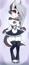 2d 2d_(artwork) 2d_artwork anthro busty busty_female busty_girl canine furry gosgoz hellhound helluva_boss loona maid maid_apron maid_outfit maid_uniform nipples tail white_body white_fur white_skin