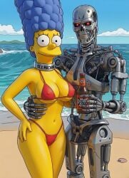 1girls ai_generated beach beer bikini crossover duff_beer female marge_simpson red_bikini robot slave_collar t-800 tagme terminator the_simpsons yellow_body