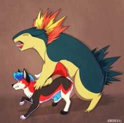 2boys anal anal_sex big_dom_small_sub blue_hair blue_penis canine cum cum_in_ass cum_inside drooling fangs feral feral_on_feral fire fox friskypaws furry gay hair interspecies larger_male male male_only mammal nintendo open_mouth penetration penis pokemon pokemon_(species) saliva size_difference slushee. tongue typhlosion video_games yaoi