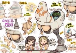 2girls ballbusting balls castrated castration cock_and_balls_torture cum dangling_balls dangling_testicles ejaculation english_text female femdom game noise_(artist) orgasm semen smash swinging_balls testicles text woman