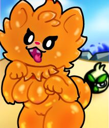 anthro beach breasts browt digital_drawing_(artwork) digital_media_(artwork) female generation_10_pokemon habrow hi_res kitty_doodles looking_at_viewer nintendo orange_body pokemon pokemon_(species) pokemon_ww pombon pomken solo tail tongue