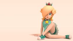 1girls 3d blonde_hair blue_eyes crown dress earrings female female_only fingernails hipminky human looking_at_viewer mario_(series) mario_tennis nail_polish nintendo panties pink_nails princess_rosalina shoes skirt solo upskirt