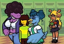afro anthro artist_request avian berdly big_breasts bird breasts cleavage clothed clothing cuckelle cuckquean deer deltarune digital_media_(artwork) eyewear faceofjace female gift glasses group human kris_(deltarune) lizard male mammal meme new_world_deer noelle_holiday questionable reindeer reptile rule_63 scalie school suggestive suggestive_look susie_(deltarune) twitter_link undertale_(series)