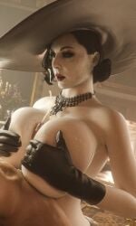 1boy 1boy1girl 1girls 3d alcina_dimitrescu big_breasts black_hair blender cum cum_on_body cum_on_breasts cum_on_face cumshot female fousters gloves hat huge_breasts makeup male necklace paizuri paizuri_lead_by_female paizuri_with_gigantic_breasts red_lipstick resident_evil resident_evil_8:_village sweat white_skin
