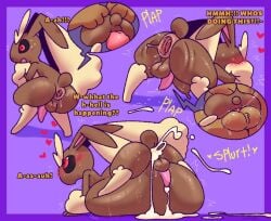 ahe_gao anal anal_fluids anal_sex animal_genitalia anthro balls black_sclera blush bodily_fluids border confusion contact_onomatopoeia covering covering_face cum cum_in_ass cum_inflated_belly cum_inside cum_on_ground cum_spurt cum_string cumshot cutaway digitigrade duo ejaculation english_text generation_4_pokemon genital_fluids genitals heart_symbol hearts_around_head inflation long_ears looking_away looking_pleasured lopunny lying male male/male male_anthro motion_lines nintendo on_front onomatopoeia penetration penis pokemon pokemon_(species) purple_background purple_border red_eyes sex simple_background snazzle_snapp sound_effects sweat sweatdrop text voodoo voodoo_doll voodoo_sex