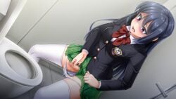 bathroom black_hair black_jacket blazer blue_hair blush bow bow_panties bowlegged_pose bowtie breasts buttons calpish censored clothes_lift collared_shirt crossdressing dutch_angle emblem erection female flaccid futanari futanari_masturbation game_cg green_skirt hair_between_eyes indoors jacket large_variant_set lifting_own_clothes long_hair long_sleeves mahou_reiki_magisphere masturbation medium_breasts miniskirt mosaic_censoring non-web_source official_art open_mouth panties panty_pull penis plaid_bow plaid_bowtie plaid_clothes plaid_skirt pleated_skirt public_restroom purple_eyes red_bow red_bowtie red_eyes ruri_(magisphere) school_uniform self-datamine shaded_face shirt skirt skirt_lift solo standing straight_hair thighhighs tile_floor tiles toilet toilet_paper toilet_stall toilet_use trap underwear urinal variant_set very_long_hair white_panties white_shirt white_thighhighs
